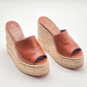 Christian Louboutin Ariella Zeppa Cuoio Brown Leather Espadrille Wedge EU 38 US8